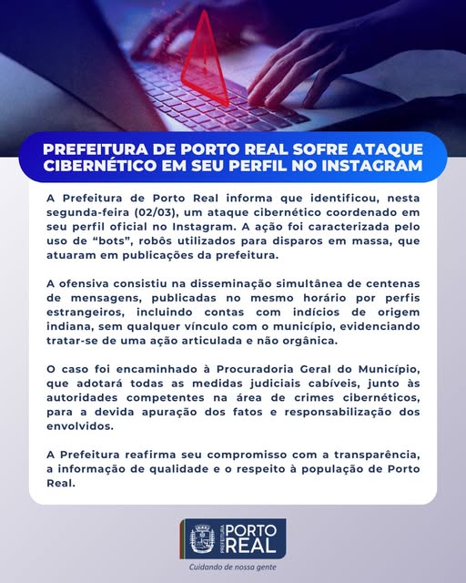 Prefeitura de Porto Real sofre ataque cibernético em seu perfil no Instagram