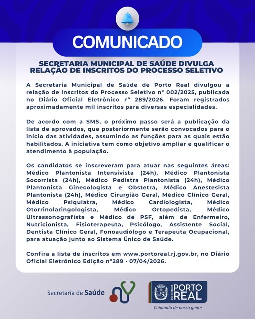 Secretaria Municipal de Saúde divulga relação de inscritos do Processo Seletivo